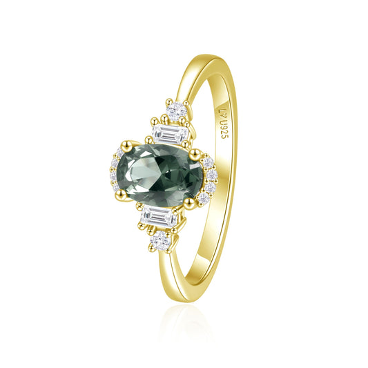 Anillo Midnight de plata 925 con baño de oro amarillo y gema verde - Louty Joyería