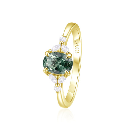 Anillo Salvia de plata 925 con baño de oro amarillo y gema verde - Louty Joyería