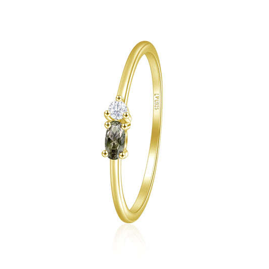 Anillo Olivo de plata 925 con baño de oro amarillo y gema verde oliva - Louty Joyería
