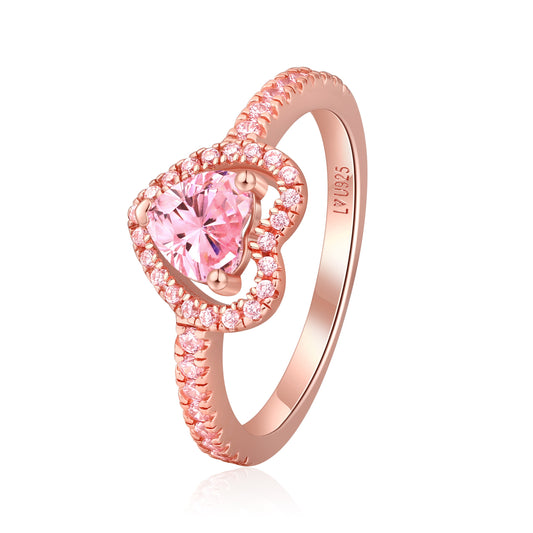 Anillo Corazon Halo Oro Rosa Piedra Rosa