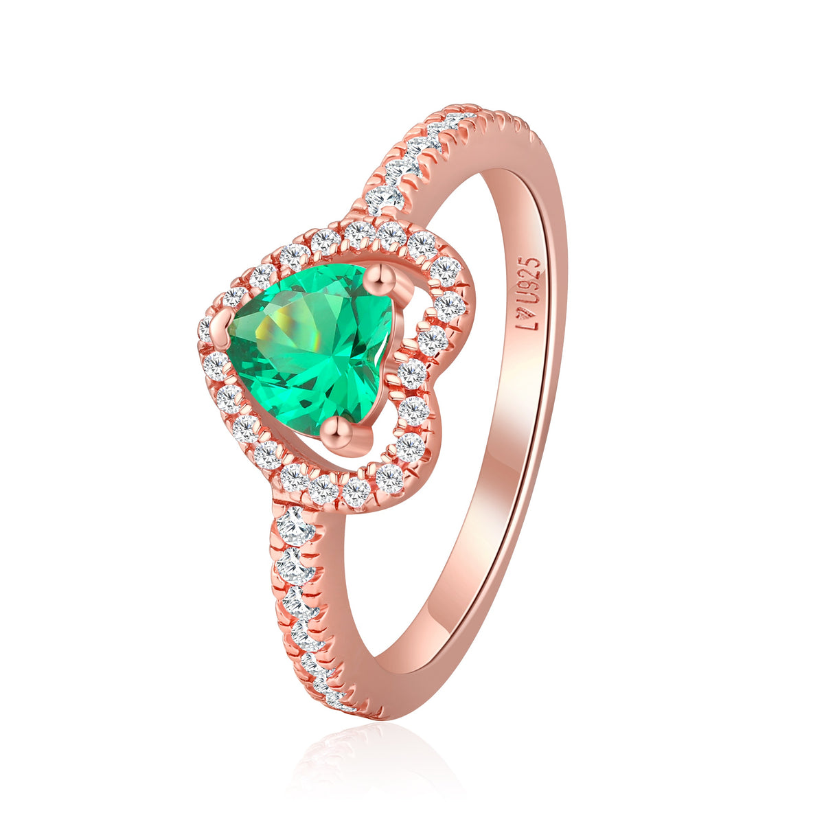 Anillo Corazón Halo Oro Rosa Piedra Verde en plata 925 - Louty Joyería