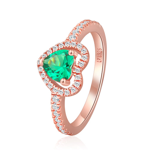Anillo Corazón Halo Oro Rosa Piedra Verde en plata 925 - Louty Joyería