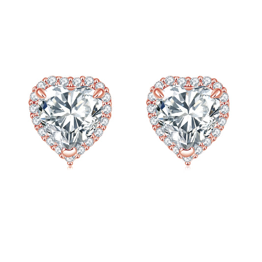 Aretes Corazón Halo Oro Rosa en plata 925 - Louty Joyería