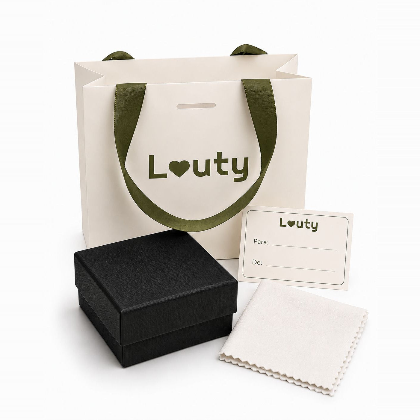 Empaque Louty: bolsa con cinta, caja rígida, tarjeta Para/De y franela de limpieza