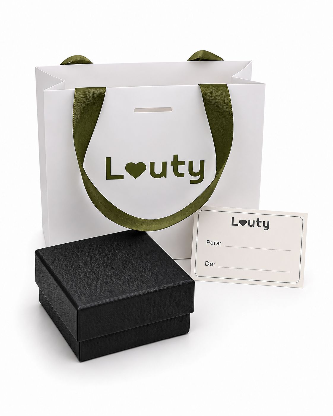 Empaque de regalo Louty: caja, bolsa con cinta y tarjeta para dedicar
